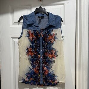 Style & Co. Navy and Beige Floral Sleeveless Blouse